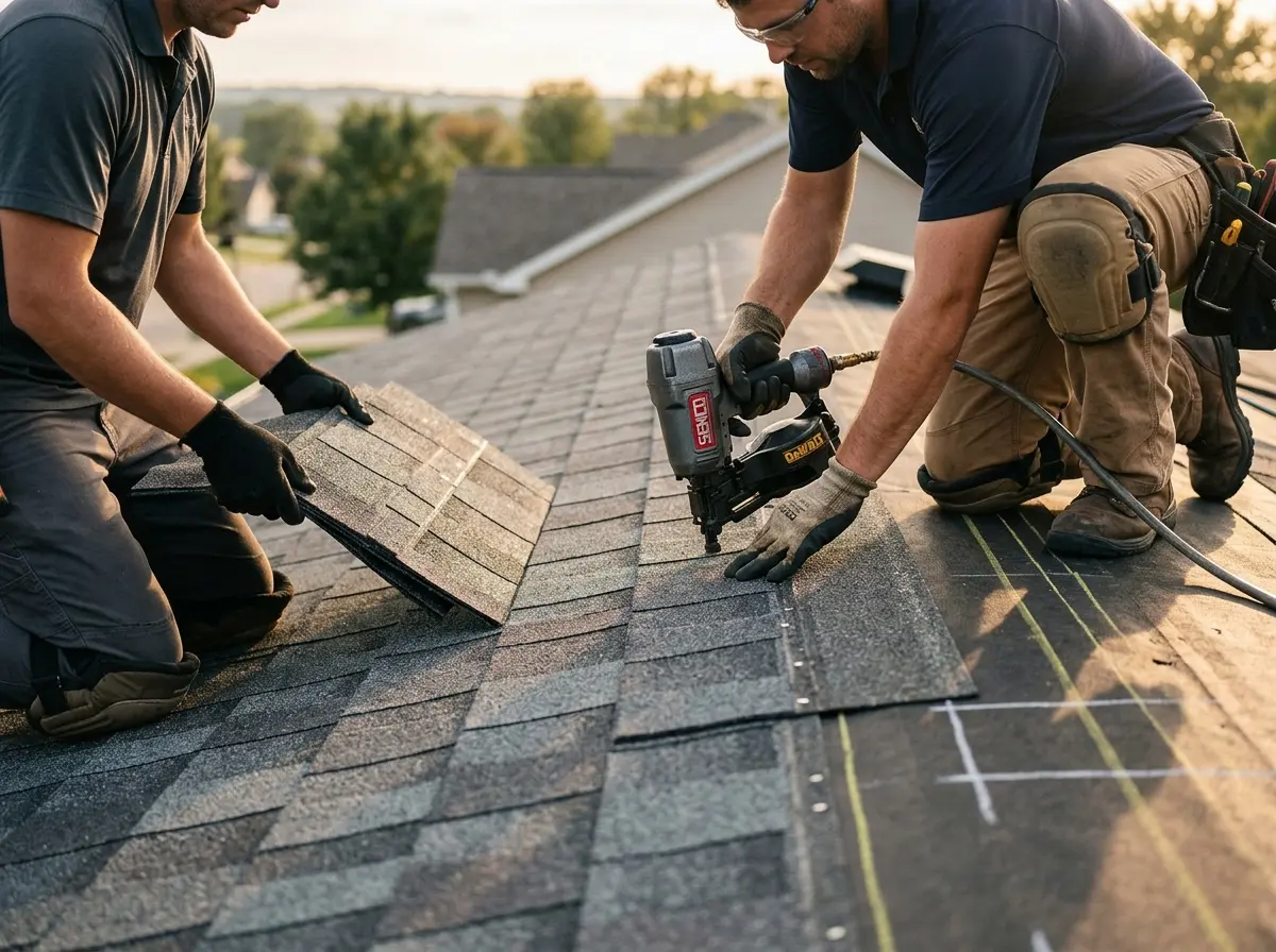 Professional roofer working on a residential roof in Maltby